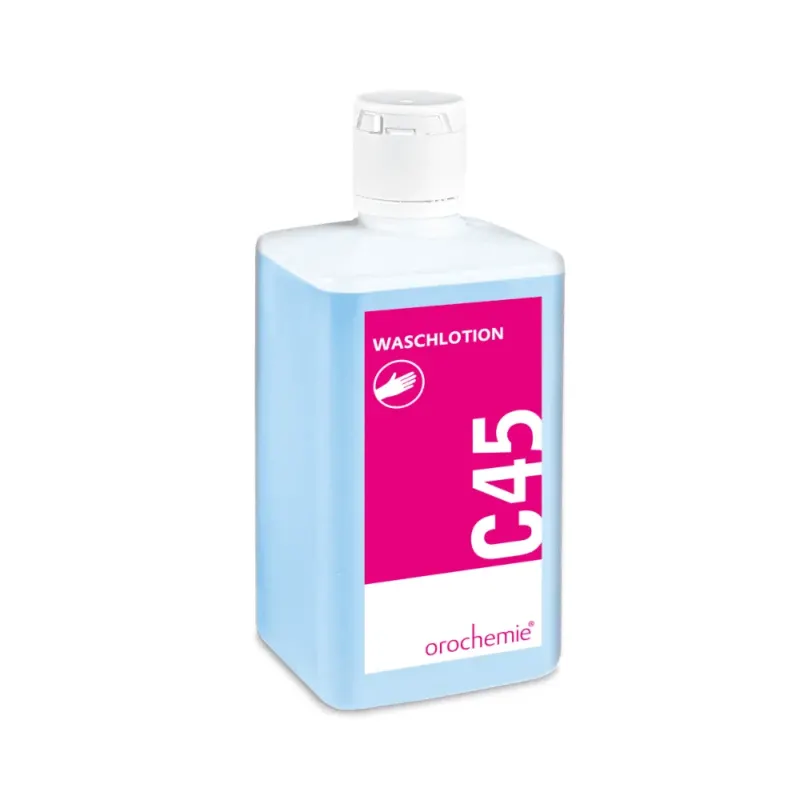 Rechteckige 500-ml-Flasche Orochemie C 45 milde Waschlotion der orochemie GmbH + Co KG mit weißem Verschluss, blauer Flüssigkeit und weißem/rosafarbenem Etikett mit der Aufschrift "pH-hautneutral" und einem Handwaschsymbol.