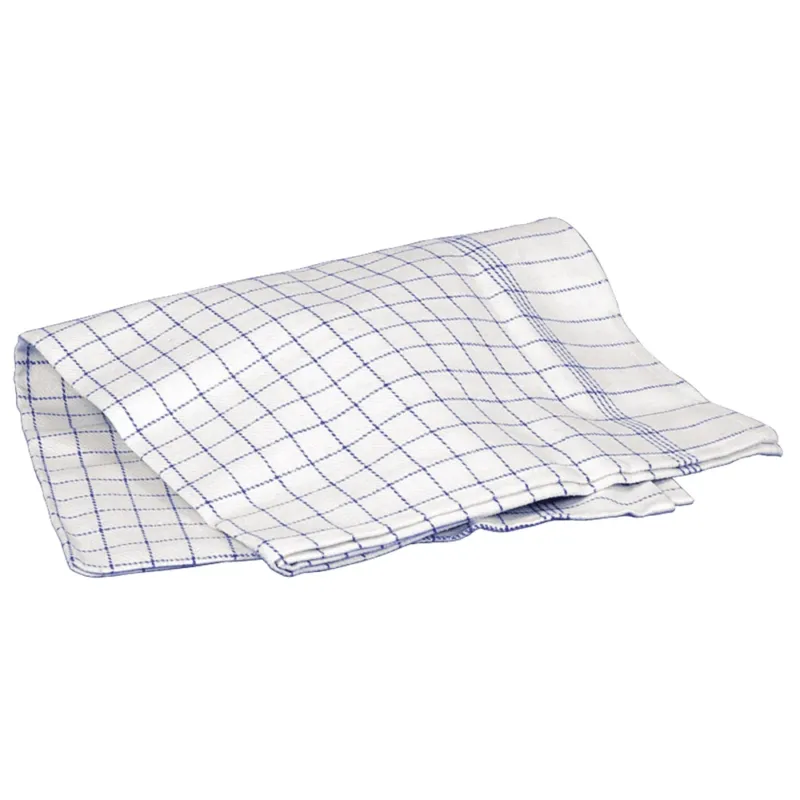 Ein 50x100 cm Geschirrhandtuch von Abena Re-Seller GmbH im 10er-Pack, blau/weiß kariert aus 100% Baumwolle, liegt gefaltet auf weißem Hintergrund - ideal für jede Küche.