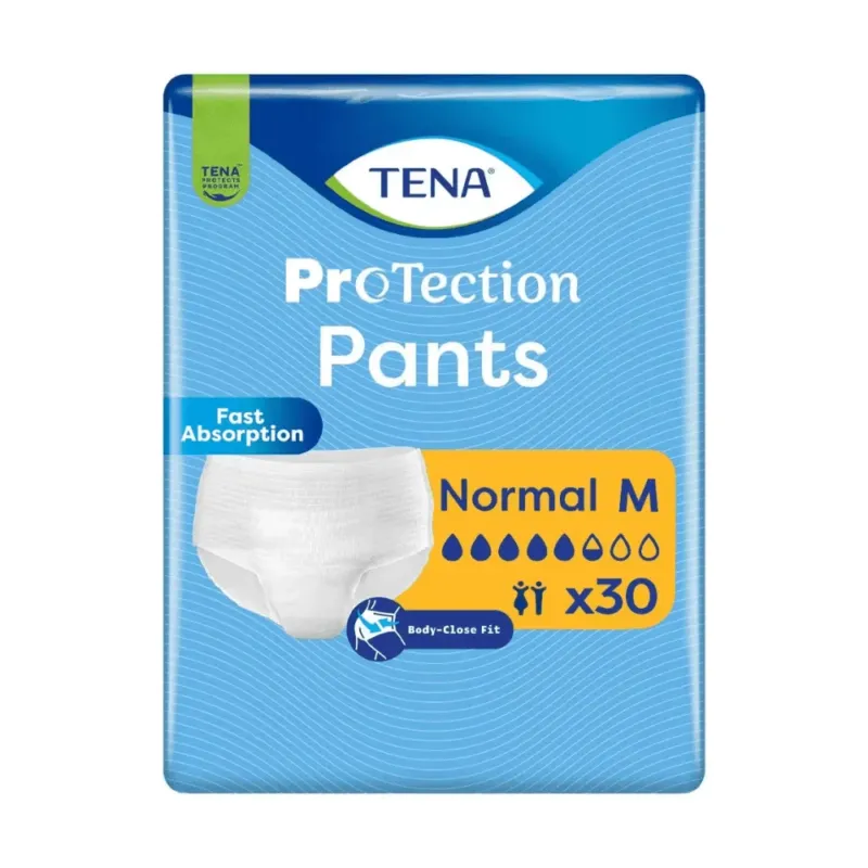 Ein 30er-Pack TENA Protection Pants Normal Inkontinenzpants, Größe Medium von TENA - Essity Germany GmbH, zeichnet sich durch eine körpernahe Passform, eine schnelle Absorption bei Inkontinenz und eine mit vier Wassertropfen auf der Verpackung angegebene Absorptionsstärke aus.
