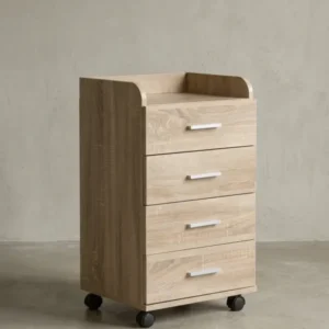 Moderner Rollcontainer in heller Eichenoptik auf weißem Hintergrund. Der freistehende Schubladenschrank mit vier Fächern und Ablagefläche besticht durch funktionales Design._#sku_BARWL5.749#