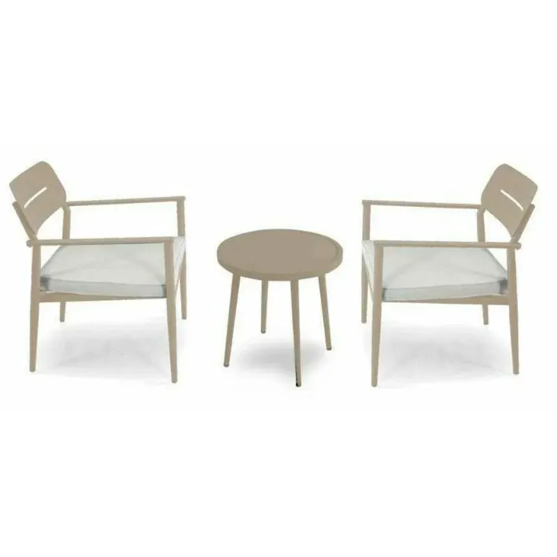 Salotto imbottito 2 poltrone con braccioli e tavolino tondo, beige