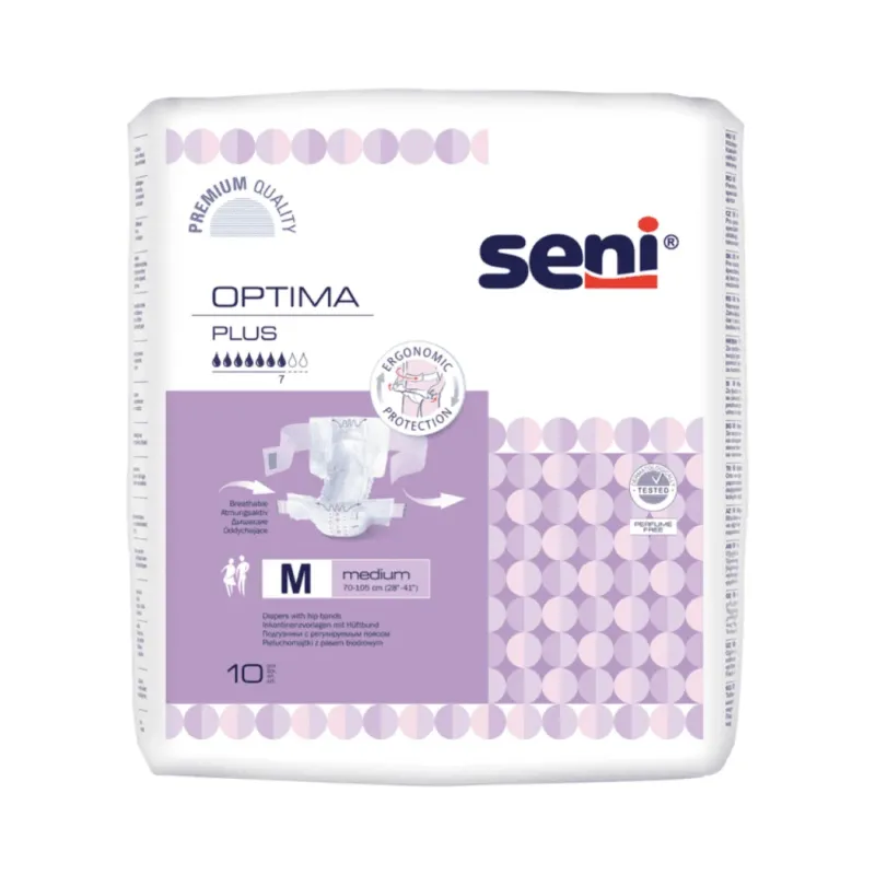 Eine Packung Seni Optima Plus Inkontinenzvorlagen mit Hüftbund der TZMO Deutschland GmbH, Größe M, bietet ergonomischen Schutz und Premium-Qualität. Die Packung enthält 10 Inkontinenzvorlagen für Erwachsene. Markenlogo und Produktname sind abgebildet.