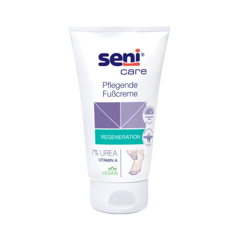 Die 100ml Seni Care Pflegende Fußcreme von TZMO Deutschland GmbH regeneriert mit 7% Urea, Vitamin A für Feuchtigkeit und ist vegan zertifiziert. Die dermatologisch bestätigte Verpackung zeigt ein Fuß- und Cremebild.