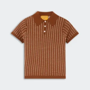Brown short-sleeve knit polo shirt with a white dotted pattern, ribbed collar and cuffs, and three white buttons on the front placket.