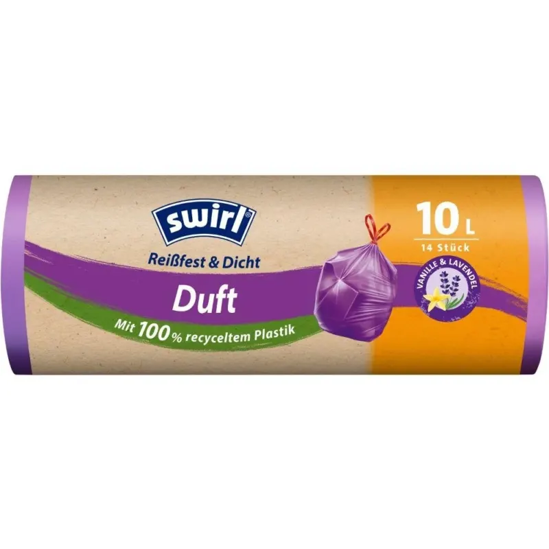 Eine Rolle Swirl Duft-Müllbeutel Vanille-Lavendel 10l (14 Beutel) von Melitta Europa GmbH & Co. KG aus 100 % Recycling-Kunststoff mit Vanille-Lavendel-Duft und Lavendelblüten-Design.