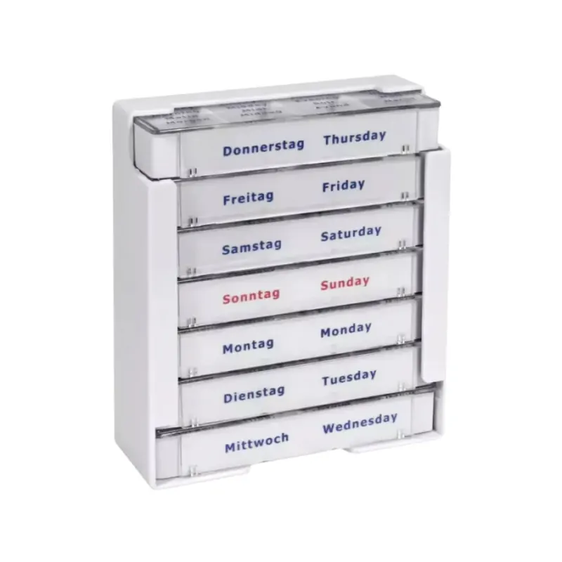 Der AMPri Med-Comfort Tablettendispenser (375 x 225 x 40 mm, weiß) verfügt über sieben Fächer für Medikamente, die für jeden Tag in Deutsch und Englisch beschriftet sind: Donnerstag/Donnerstag bis Mittwoch/Mittwoch.