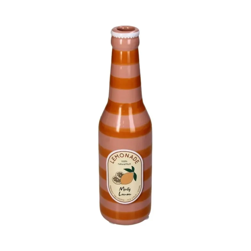 Deko Vase in Form einer Flasche, Orange und Pink gestreift mit einem altmodischen Zitronen-Limonaden Label