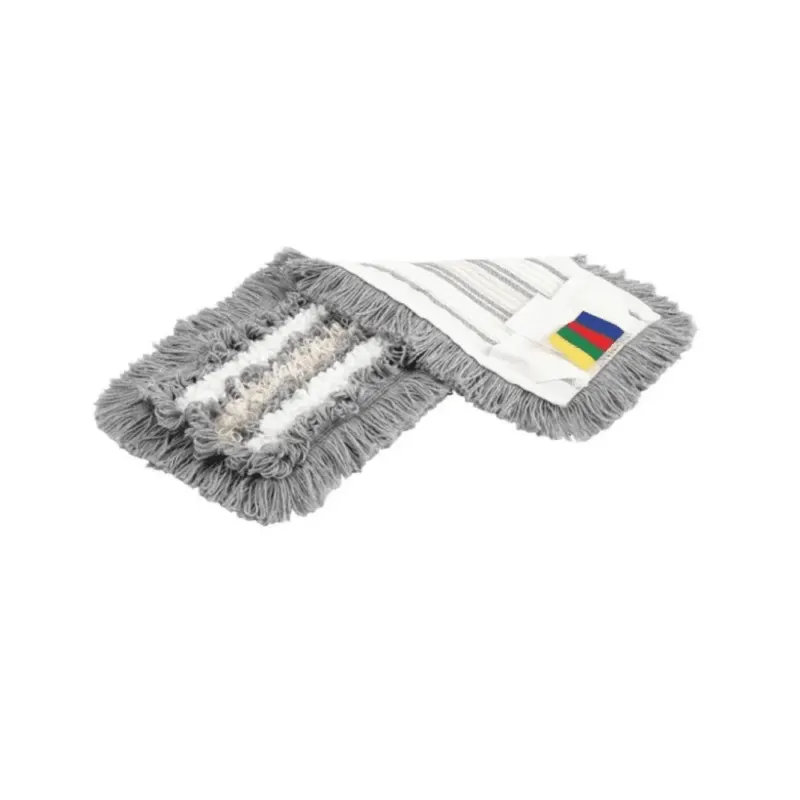 Auf einem weißen Hintergrund ruht ein grauer Wischmoppkopf mit gestuften Fransen und einem mehrfarbigen Etikett, das die hohe Reinigungsleistung des CombiSpeed Trio Mop der Vileda GmbH hervorhebt.