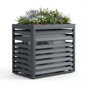 Metallverkleidung für Wärmepumpe in Anthrazit mit horizontalen Lamellen und integriertem Pflanzwanne mit Lavendel und Zierpflanzen auf weißem Hintergrund.