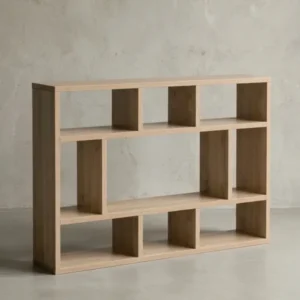 Freischwebendes Wandregal Sonoma Eiche in der Frontalansicht. Das 75x51x16 cm große Bücherregal überzeugt durch sein modernes Design mit neun geometrisch angeordneten Ablagefächern._#sku_BARWL5.809#
