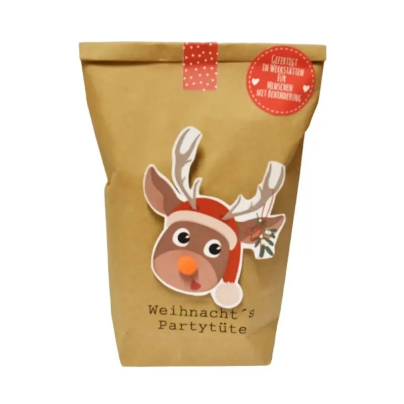 Braune Wundertüte mit der Schrift "Weihnachts Partytüte" und einem aufgeklebten Kopf von Rudolf mit einer weihnachtsmütze und einer roten buschel Nase