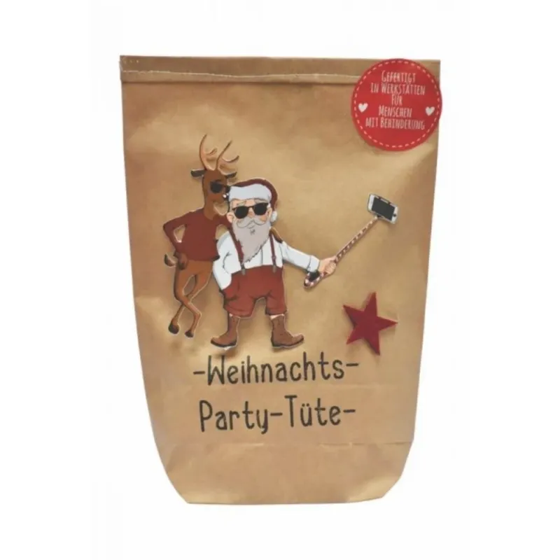 Wundertüte mit einer schwarzen Schrift "-Weihnachts-Party-Tüte-" und an der Tüte aufgeklebte Figuren im Design "Hirsch und Weihnachtmann tragen schwarze Sonnenbrillen und machen einen Selfie mit Selfiestick"