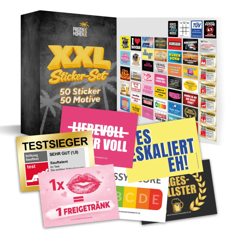Großes Party Sticker Set mit 50 Motiven - funktioniert auf jeder Party - Malle Aufkleber, für Festival oder Ballermann, witzige Sticker Sets für Party, Trinkspiel, JGA, Urlaub, Mallorca Sticker Set Accessoires lustig