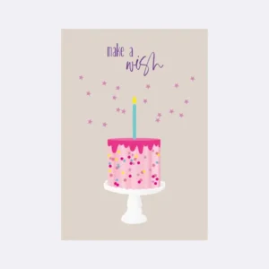 Postkarte mit pinker Torte und blauer Kerze mit Schriftzug "make a wish"