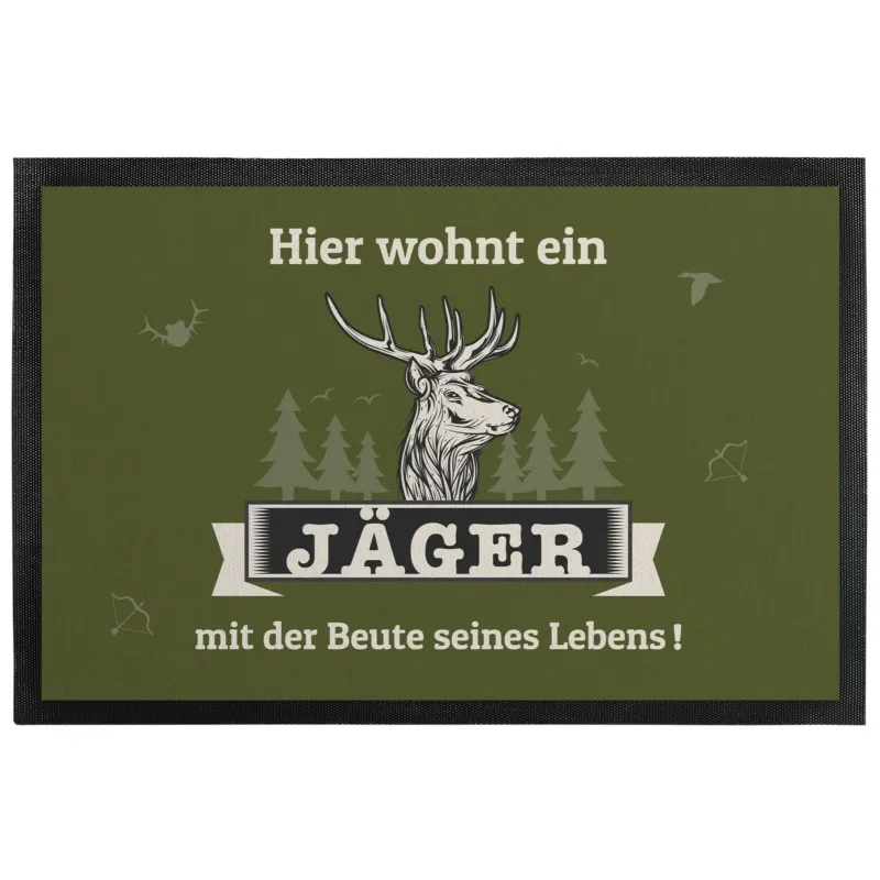 Bild: Fußmatte mit Gummilippe - Hier wohnt ein Jäger mit der Beute seines Lebens.