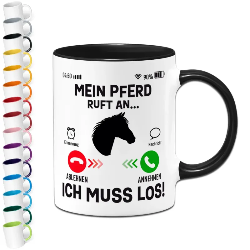 Bild: Tasse - Mein Pferd ruft an, ich muss los! (Piktogramm).