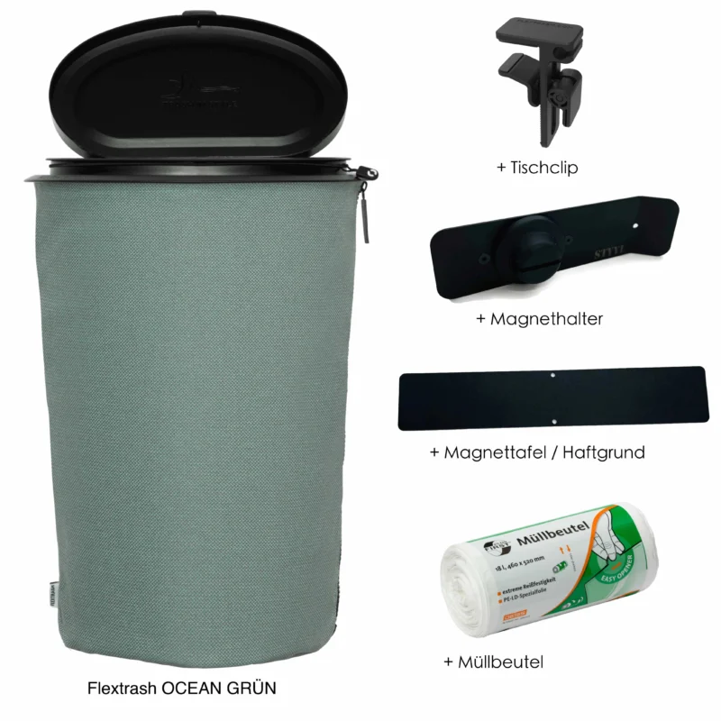 Bundle Flextrash OCEAN GRÜN (Mülleimer inkl. Tischclip, Magnethalter, Haftgrund und Müllbeutel)