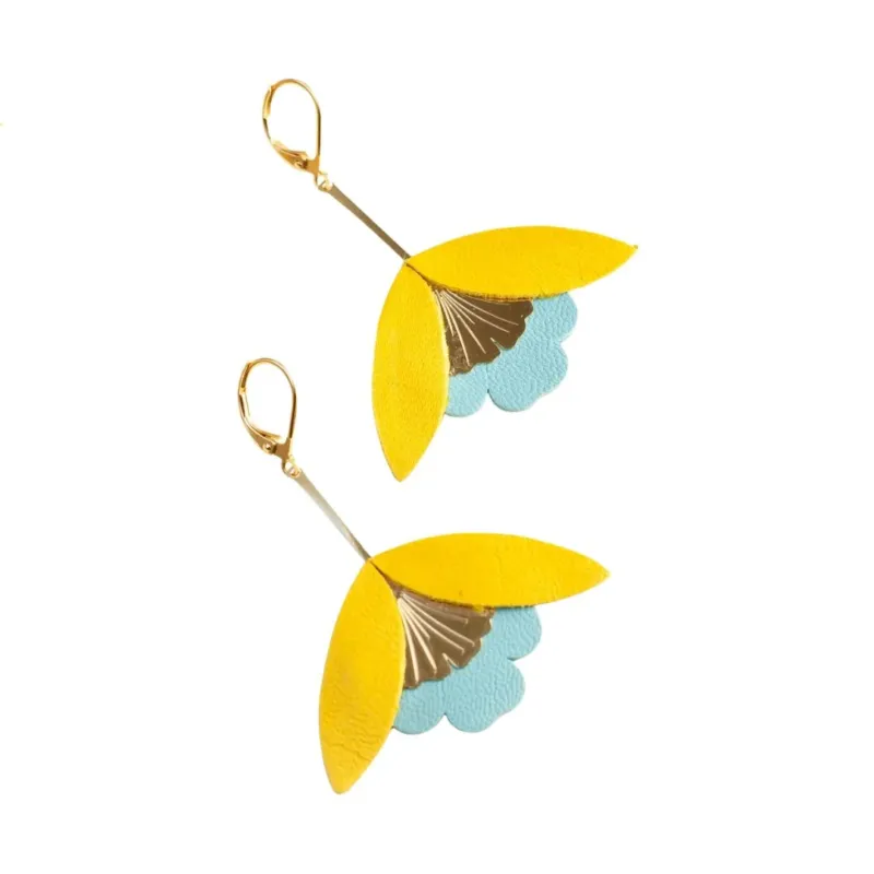 Damen Ohrringe 'Ginkgo-Blüten' gelb/blau
