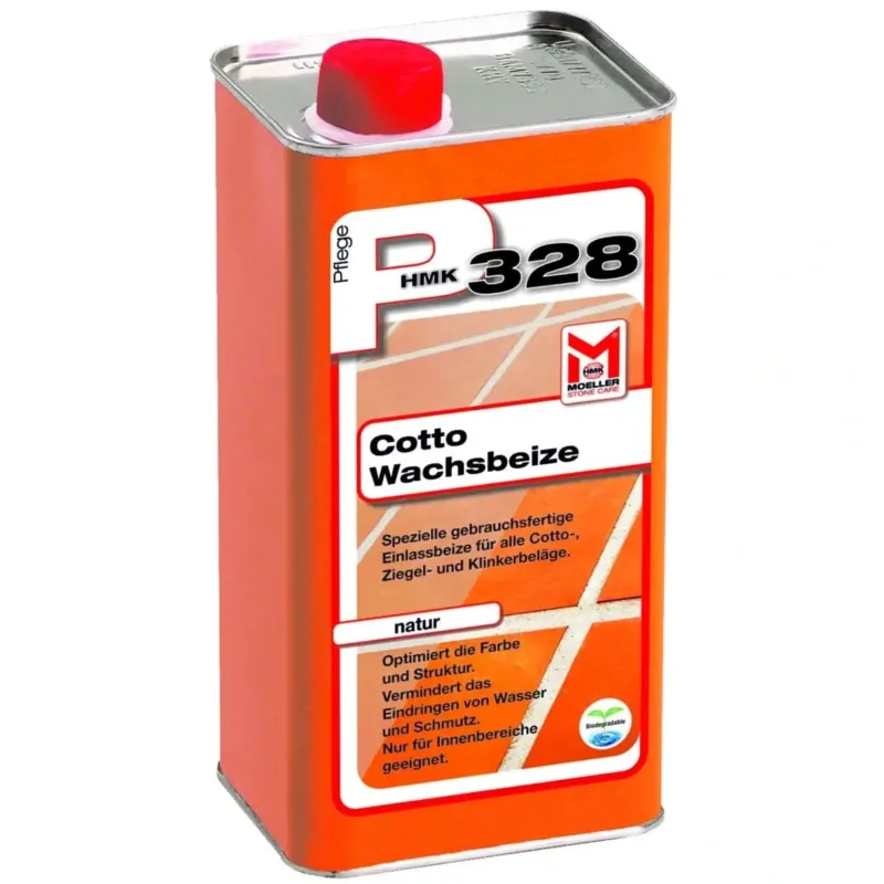 Orange metalldose mit rotem verschluss von möller stone care für hmk p328 cotto-wachsbeize natur 1l