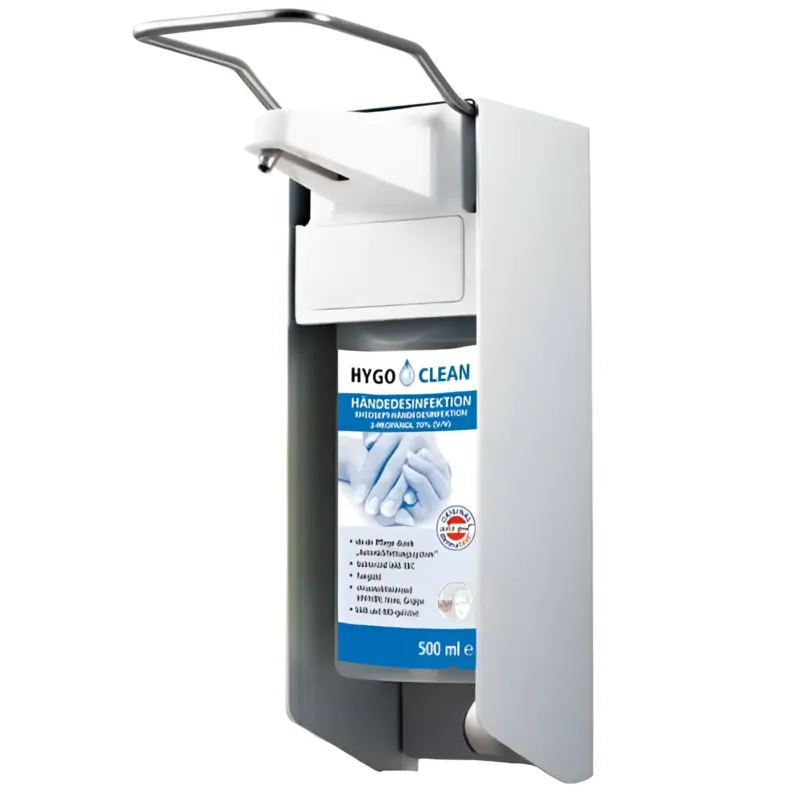 Weiß-grauer wandspender hygoclean eurospender mit edelstahlpumpe für 500 ml flasche zur handdesinfektion