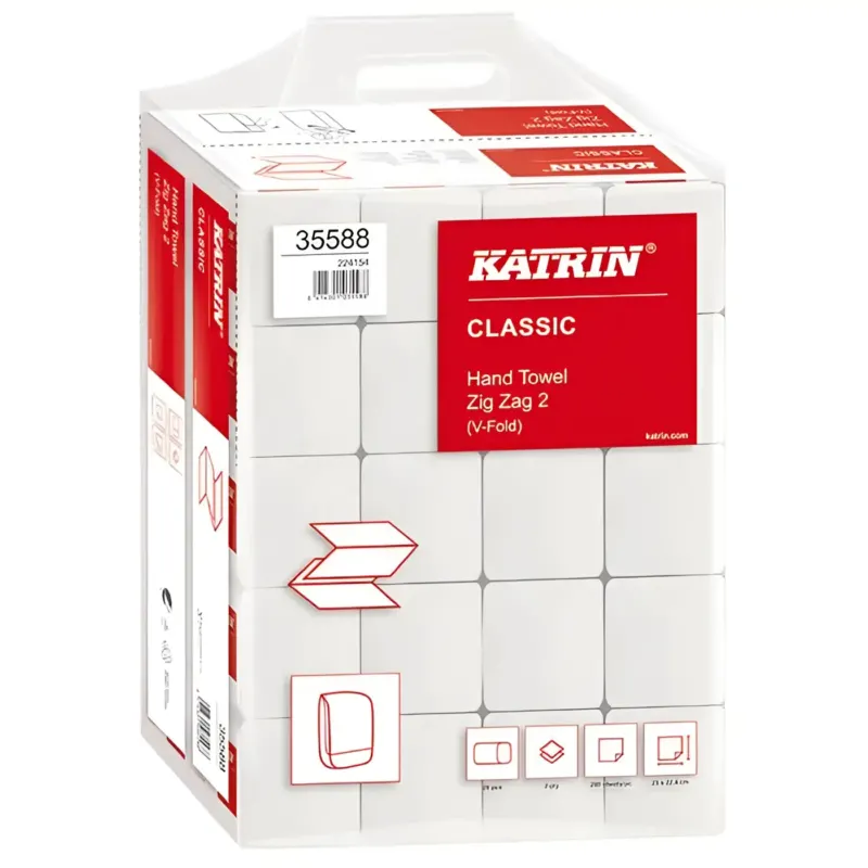 Weiße katrin classic handtuchpapier 2-lagig v-falz zz 4000 blatt in rotem und weißem verpackungskarton