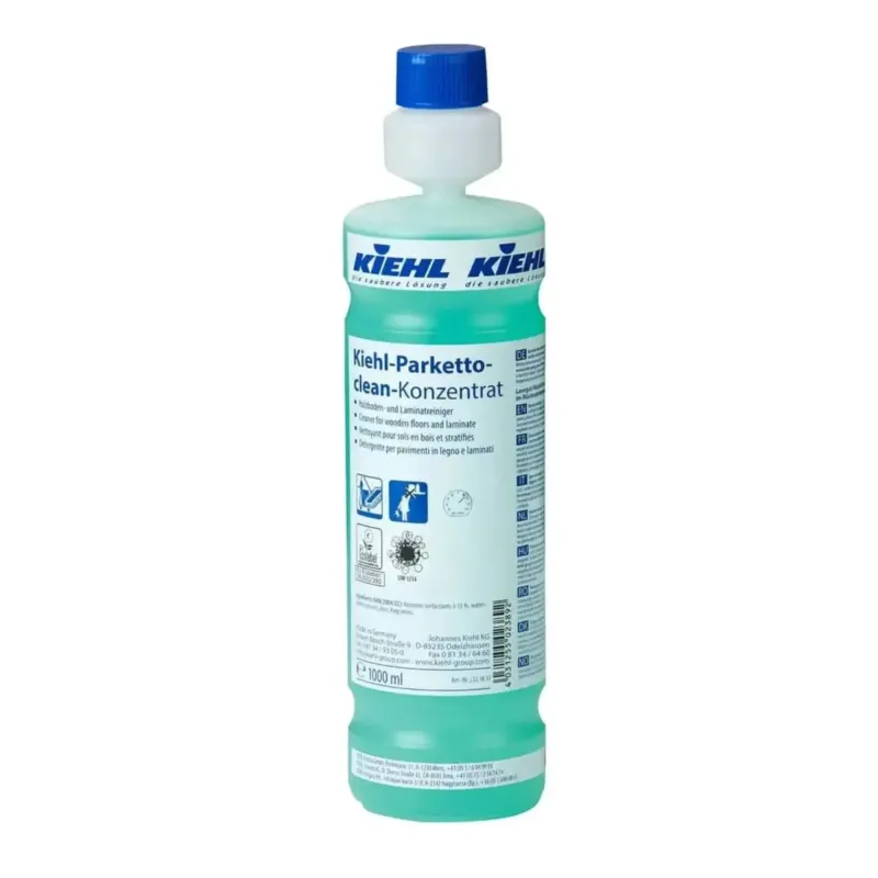 Eine durchsichtige grüne flasche kiehl parketto-clean konzentrat mit blauer kappe und weißem etikett für holz- und laminatböden