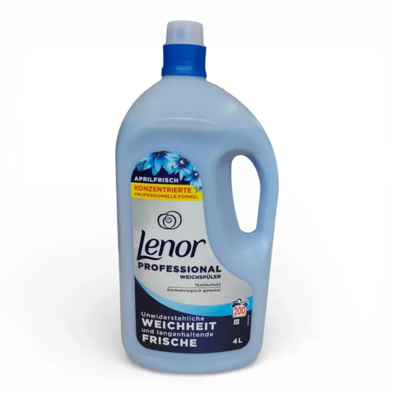 Lichtblaue plastikflasche lenor professional weichspüler 4l aprilfrisch mit blauem deckel und griff