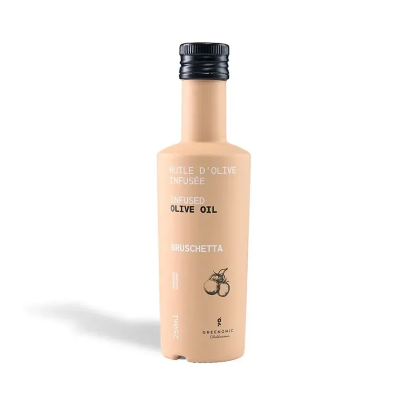 Oliven Öl mit Bruschetta infused in einer Hell Orangenen Keramikflasche 250ml von Greenomic