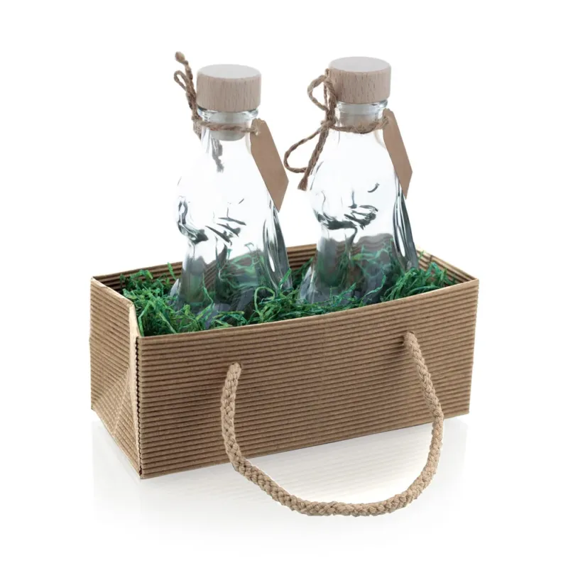 Osterset - Hasenflaschen-Duo (200ml) mit Holzgriffkorken, Etiketten, grünem Gras und Geschenktasche