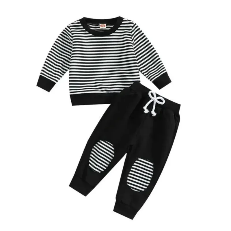2 teiliges Set gestreift Oberteil und Patchhosen schwarz