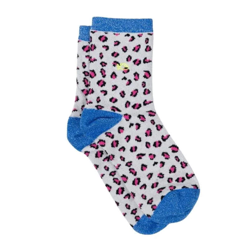 Glitzersocken mit Leopardenmuster weiß/blau