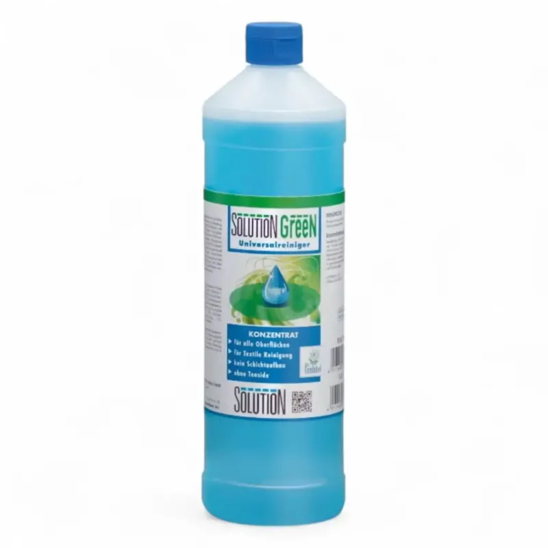 Eine durchsichtige blaue flasche lösung glöckner green universalreiniger konzentrat mit blauem deckel und grünem etikett
