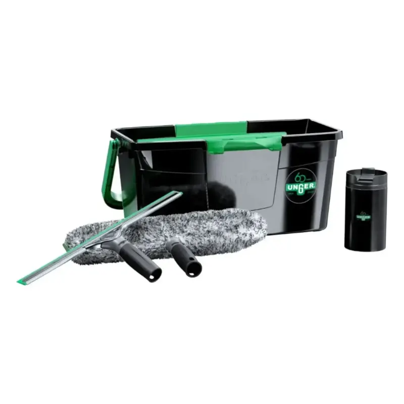 Unger glasreiniger-set 60 jahre limited edition ak60y mit schwarzem und grünem reinigungseimer, wischer, mikrofaserhandschuhen und kleinem behälter