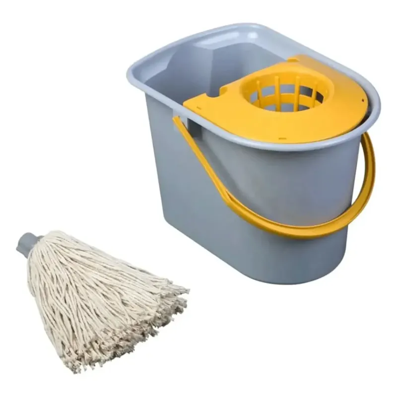 Grau gelber plastikmoppeimer mit integrierter presse und griff mit offweißem faserwischkopf vermop mini aquva nasswisch set ohne stiel
