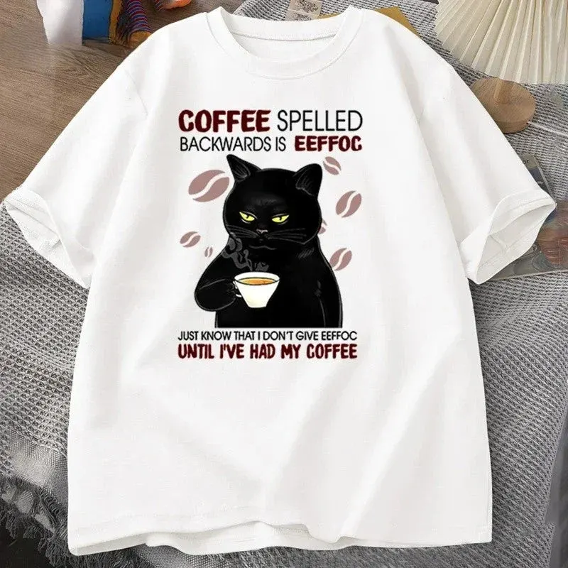 Coffee Spelled Backwards Cat Funny T-Shirt - Image 0